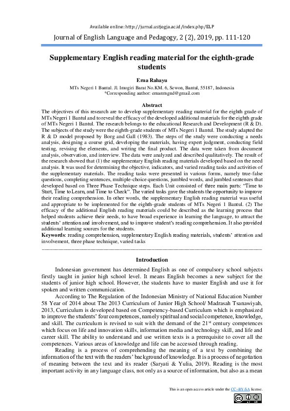 (PDF) Supplementary English reading material for the eighth-grade students