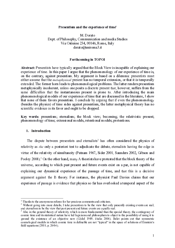 (PDF) Presentism and the Experience of Time
