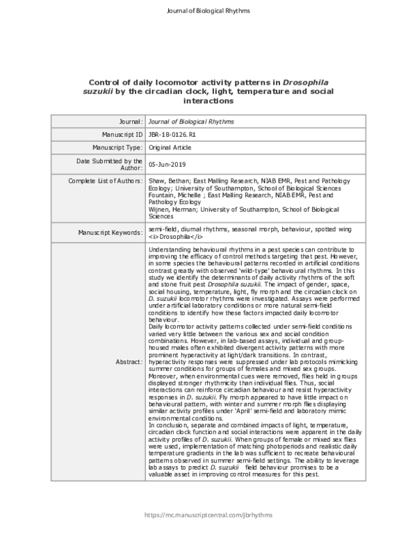 (PDF) Control of Daily Locomotor Activity Patterns in Drosophila ...