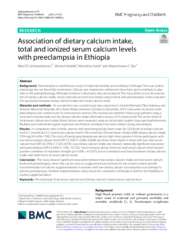 (PDF) Association of dietary calcium intake, total and ionized serum ...