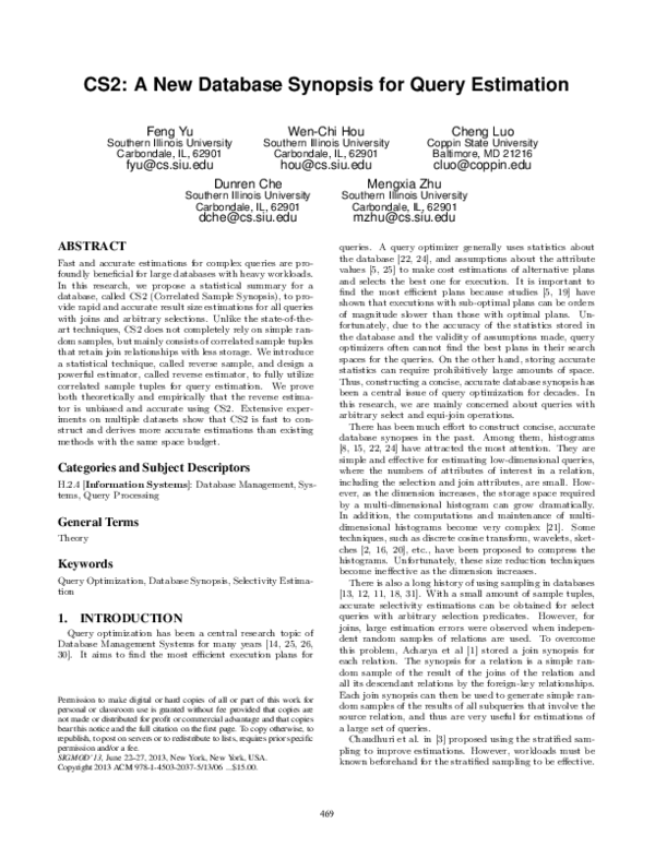 (PDF) CS2: a new database synopsis for query estimation