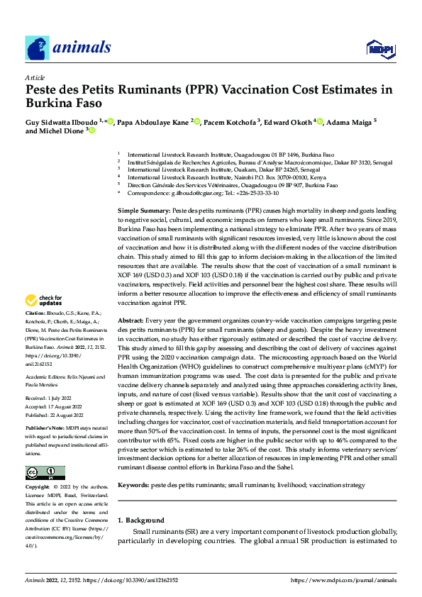 (PDF) Peste des Petits Ruminants (PPR) Vaccination Cost Estimates in ...