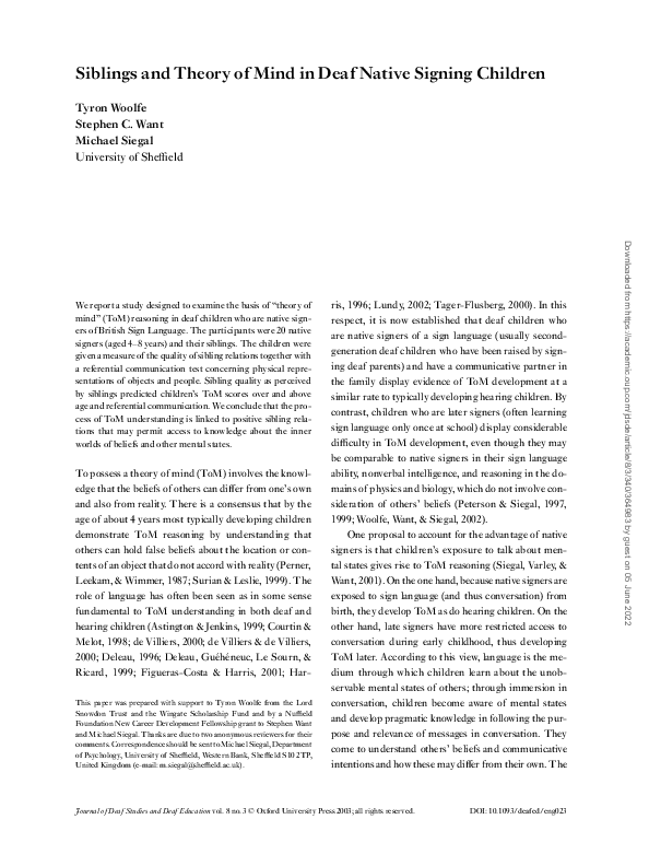 (PDF) Siblings and Theory of Mind in Deaf Native Signing Children