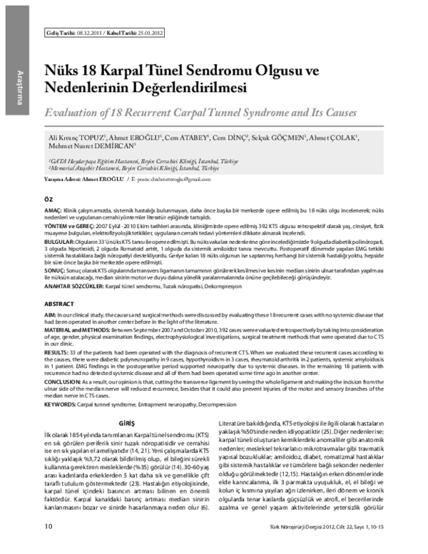  PDF Evaluation Of 18 Recurrent Carpal Tunnel Syndrome And Its Causes 