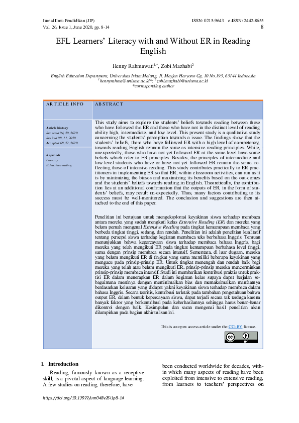 (PDF) EFL Learners’ Literacy with and Without ER in Reading English
