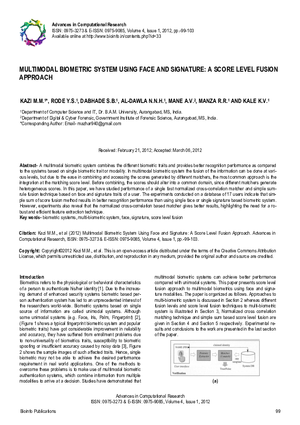 (PDF) Multimodal Biometric System Using Face and Signature: A Score ...