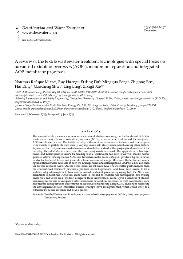 (PDF) A review of the textile wastewater treatment technologies with ...