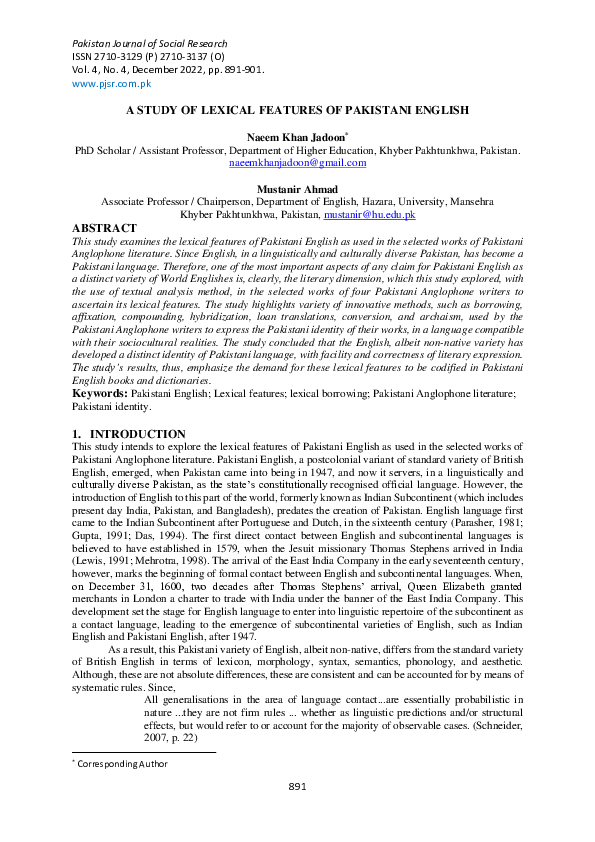(PDF) A STUDY OF LEXICAL FEATURES OF PAKISTANI ENGLISH