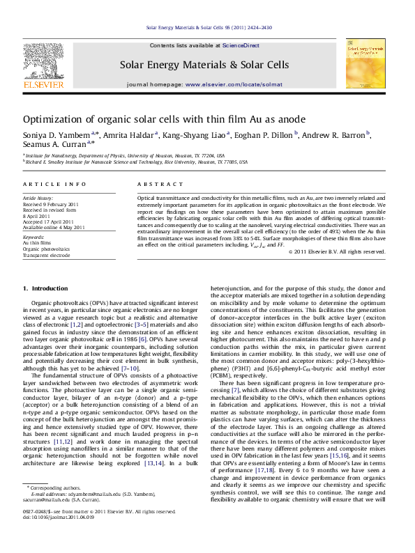 (PDF) Optimization of organic solar cells with thin film Au as anode