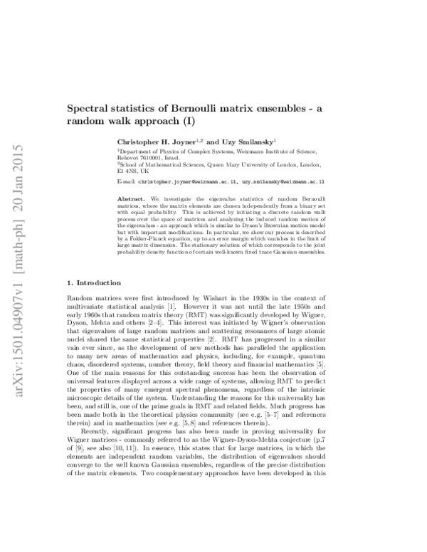 (PDF) Spectral statistics of Bernoulli matrix ensembles—a random walk ...