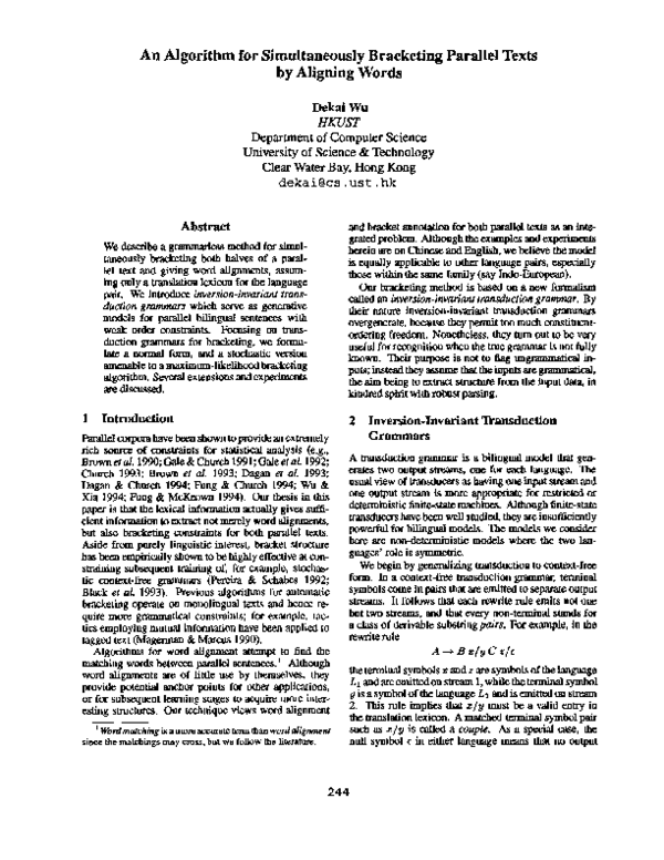 (PDF) An algorithm for simultaneously bracketing parallel texts by ...