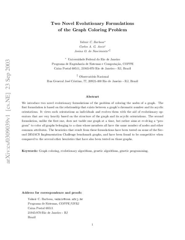 (PDF) Two Novel Evolutionary Formulations of the Graph Coloring Problem