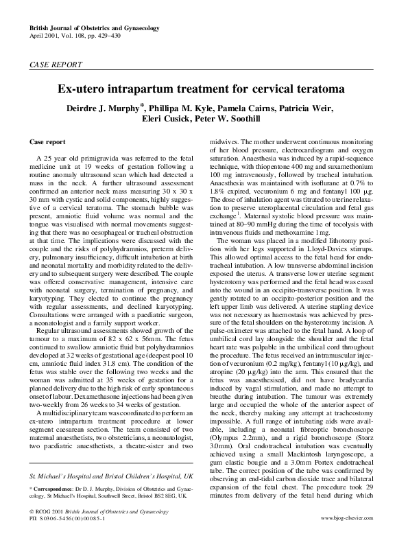 (PDF) Ex-utero intrapartum treatment for cervical teratoma