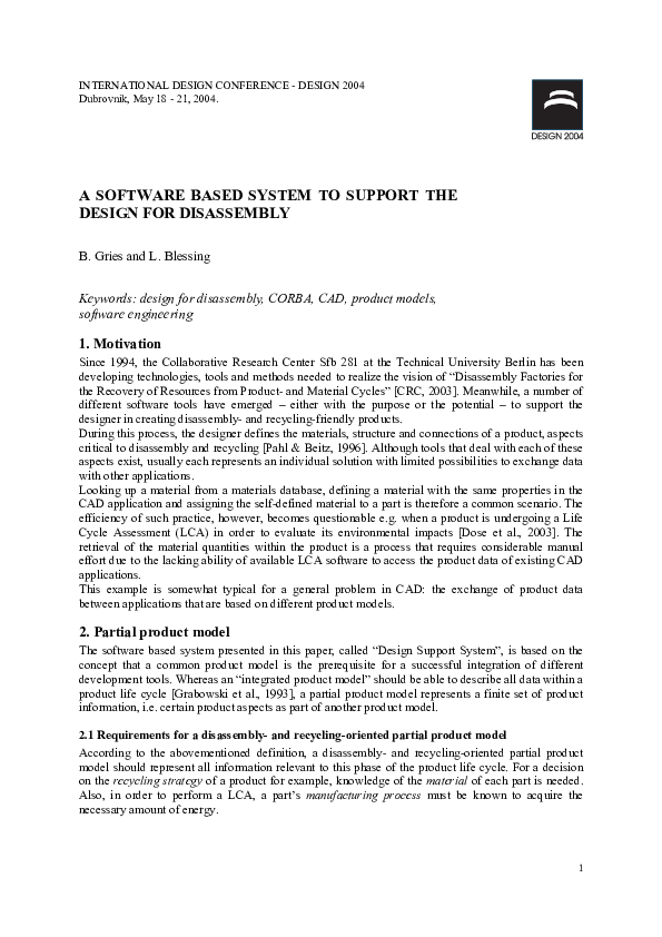 (PDF) A software based system to support the design for disassembly