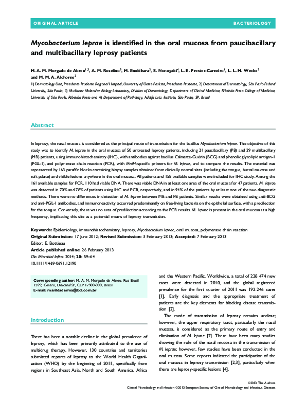 (PDF) Mycobacterium leprae is identified in the oral mucosa from