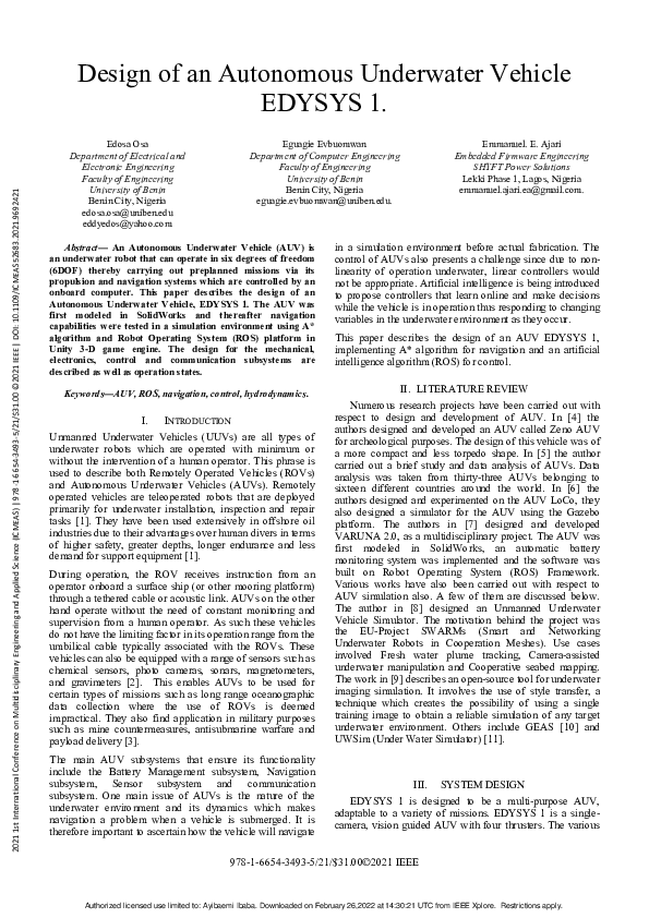 (PDF) Design of an Autonomous Underwater Vehicle EDYSYS 1
