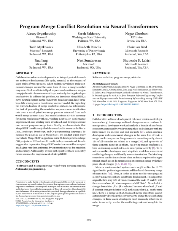 (PDF) Program merge conflict resolution via neural transformers