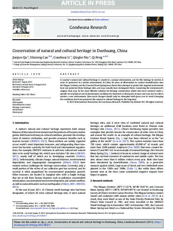 (PDF) Conservation of natural and cultural heritage in Dunhuang, China