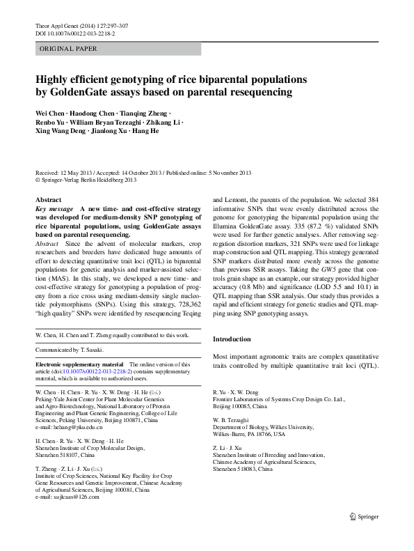 (PDF) Highly efficient genotyping of rice biparental populations by ...