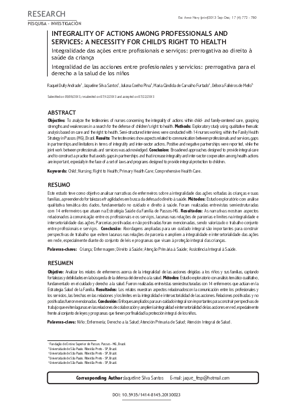 (PDF) Integrality of actions among professionals and services: a ...