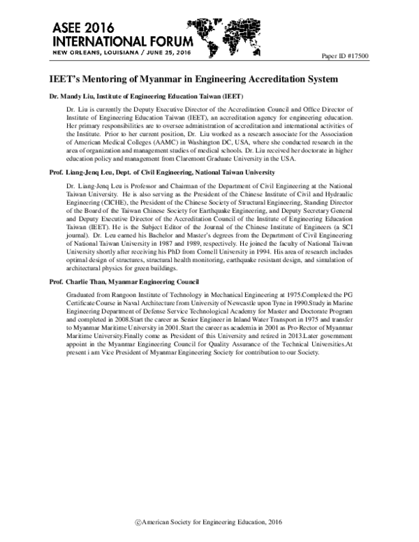 (PDF) IEET's Mentoring of Myanmar in Engineering Accreditation System