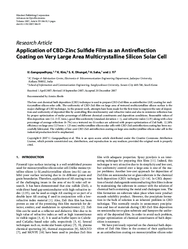 (PDF) Application of CBD-Zinc Sulfide Film as an Antireflection Coating ...
