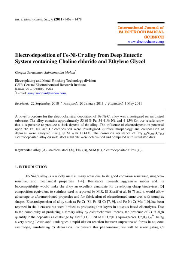  pdf electrodeposition of fe ni cr alloy from deep eutectic system