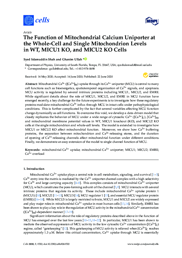 (PDF) The Function of Mitochondrial Calcium Uniporter at the Whole-Cell ...