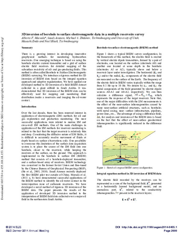 (PDF) 3D inversion of borehole to surface electromagnetic data in a ...
