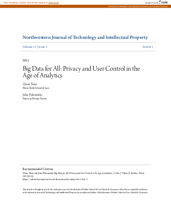 (PDF) Big data for all: Privacy and user control in the age of analytics