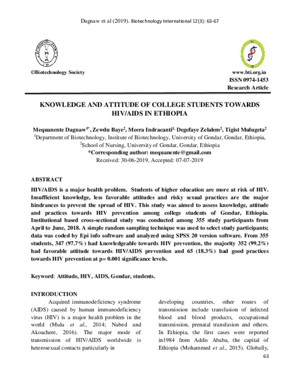 (PDF) Knowledge and Attitude of College Students Towards Hiv/Aids in ...