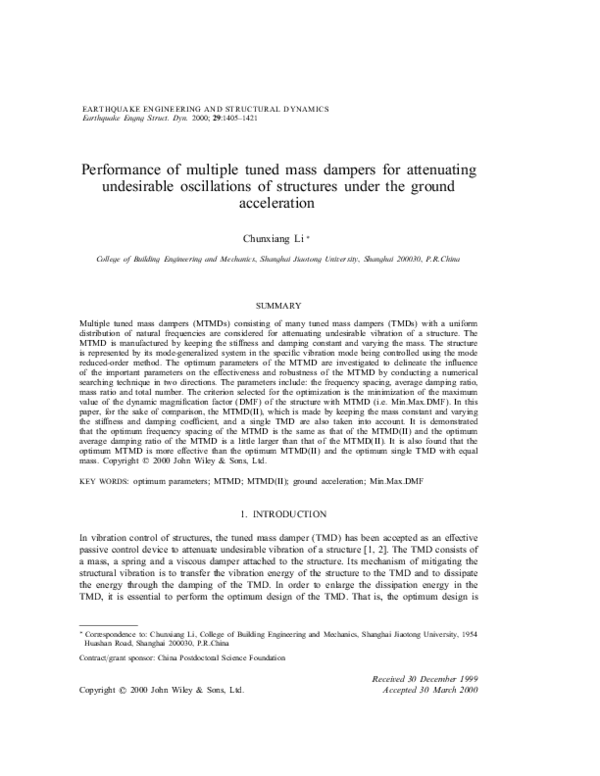 (PDF) Performance of Multiple Tuned Mass Dampers for Torsionally ...