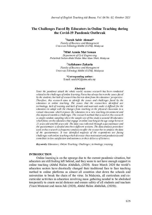 (PDF) The Challenges Faced By Educators in Online Teaching during the ...