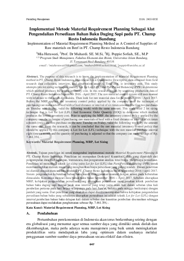 (PDF) Implementasi Metode Material Requirement Planning sebagai Alat