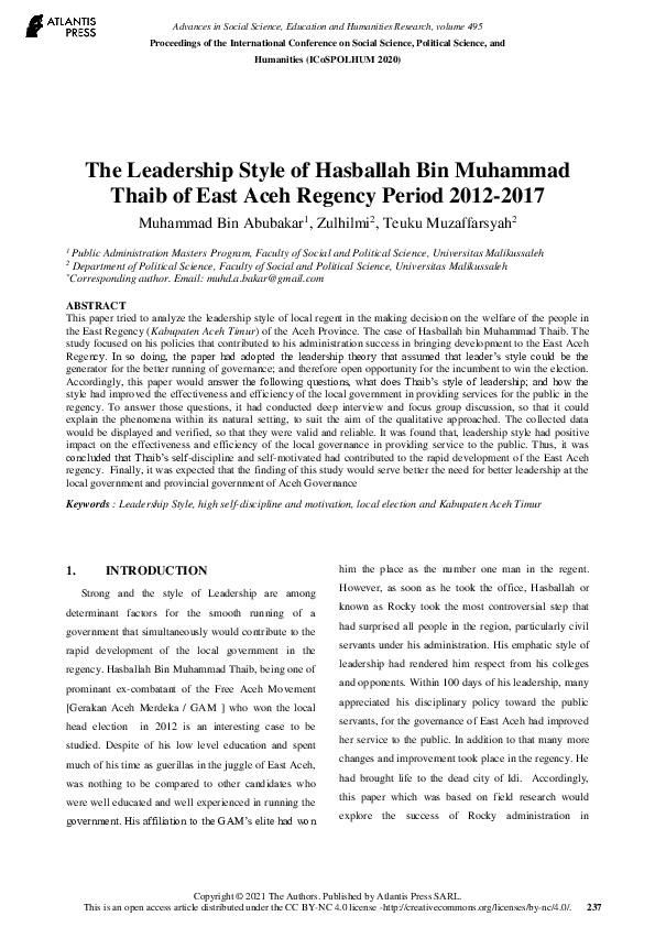 (PDF) The Leadership Style of Hasballah Bin Muhammad Thaib of East Aceh ...