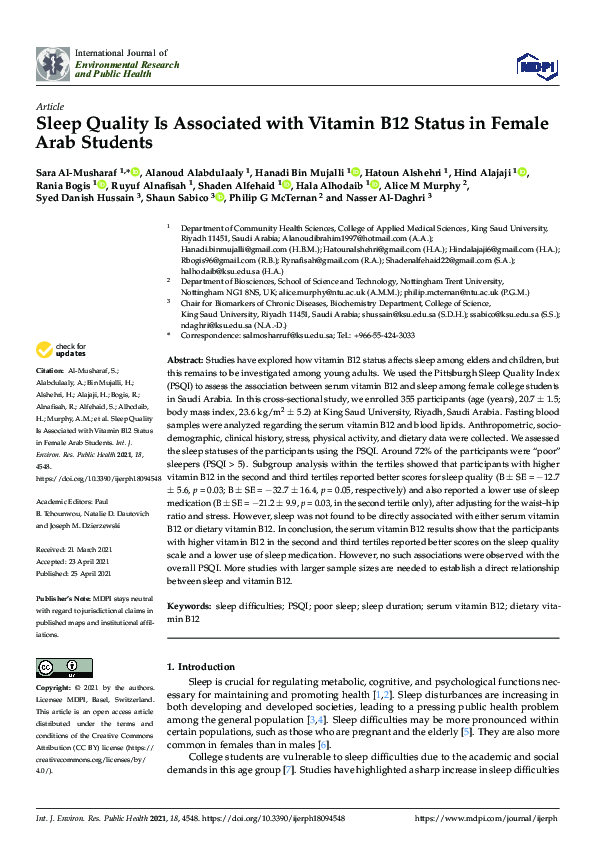 (PDF) Sleep Quality Is Associated with Vitamin B12 Status in Female ...