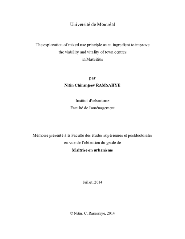 The exploration of mixed-use principle as an ingredient to improve the viability and vitality of town centres in Mauritius