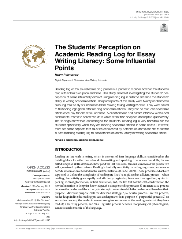(PDF) The Students’ Perception on Academic Reading Log for Essay ...