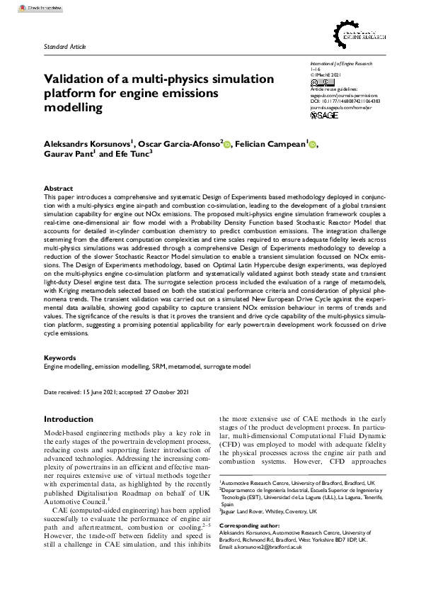 (PDF) Validation of a multi-physics simulation platform for engine ...