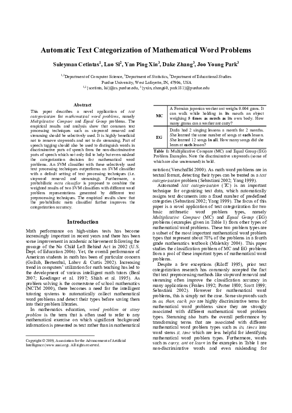 (PDF) Automatic text categorization of mathematical word problems