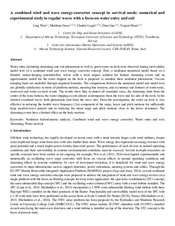 (PDF) A combined wind and wave energy-converter concept in survival ...