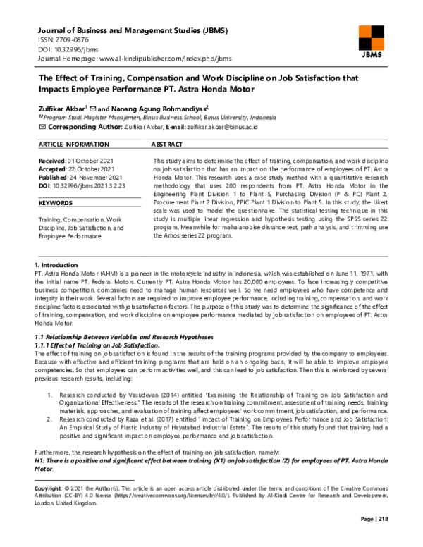(PDF) The Effect of Training, Compensation and Work Discipline on Job ...