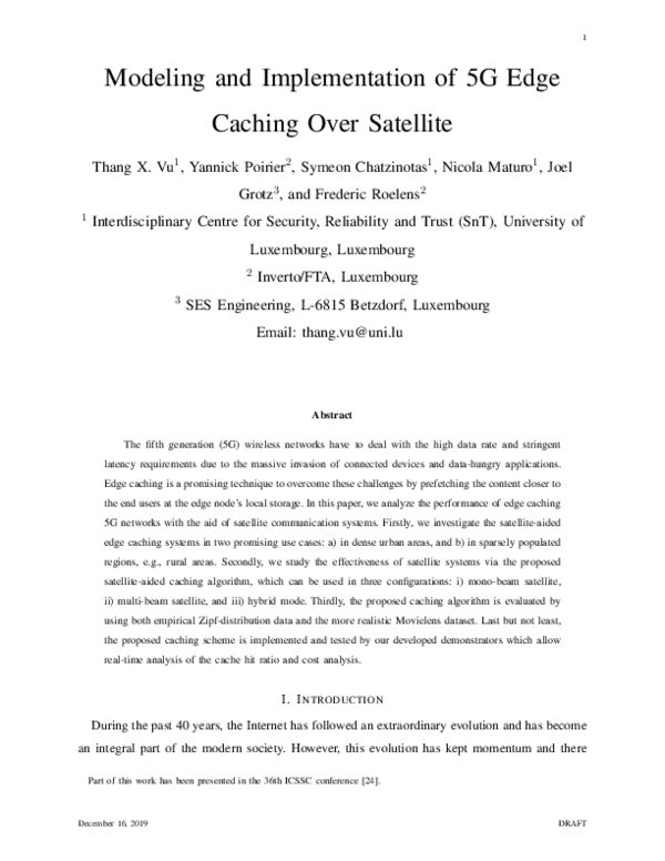 (PDF) Modeling and implementation of 5G edge caching over satellite