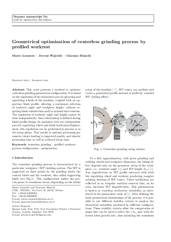 (PDF) Geometrical Optimization of Centerless Grinding Process by