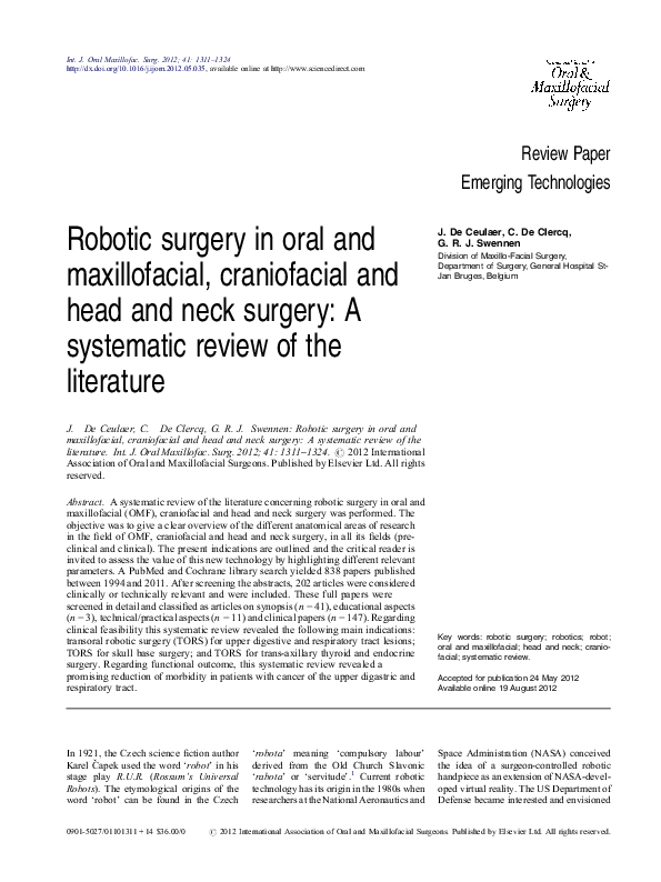 (PDF) Robotic surgery in oral and maxillofacial, craniofacial and head ...