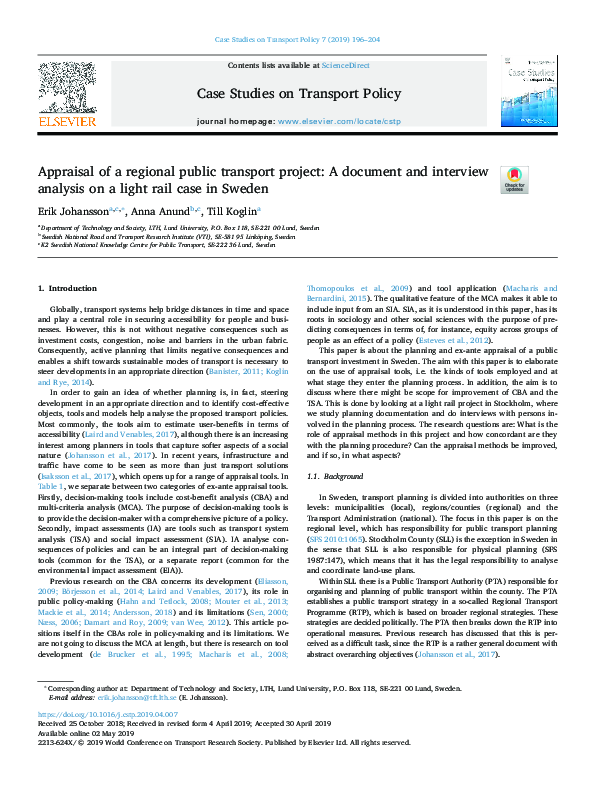 (PDF) Appraisal of a regional public transport project: A document and ...