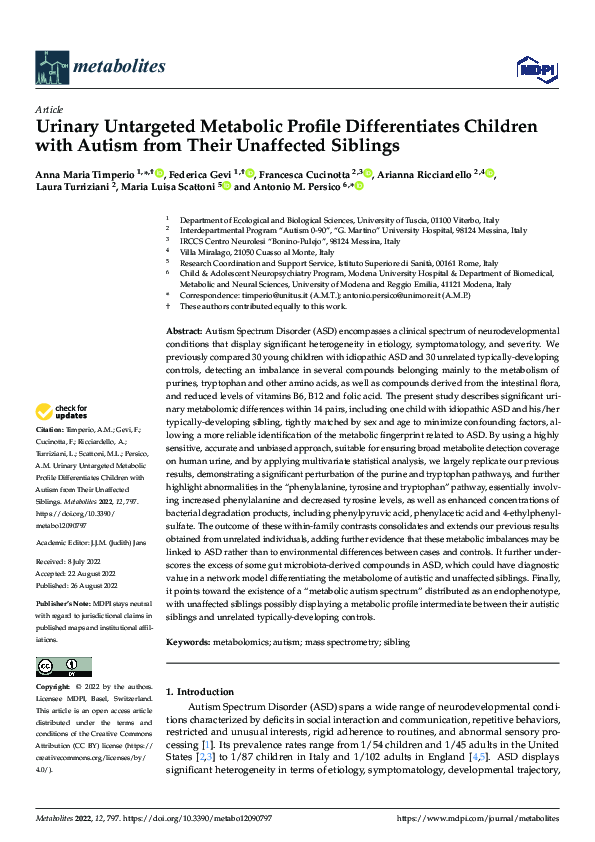 (PDF) Urinary Untargeted Metabolic Profile Differentiates Children with ...