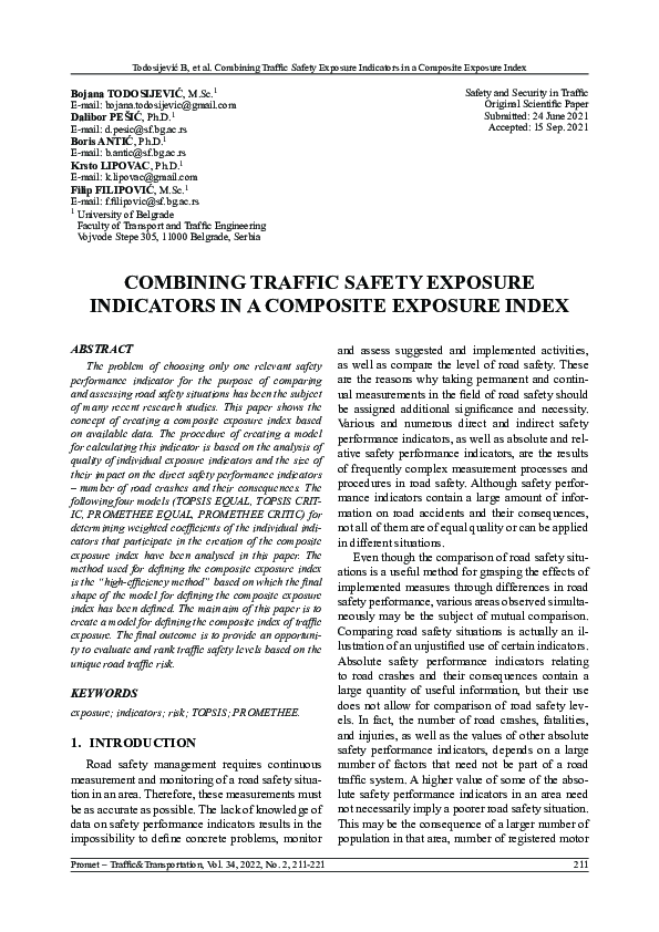 (PDF) Combining Traffic Safety Exposure Indicators in a Composite