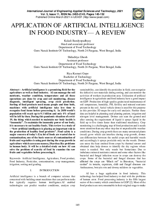 Pdf Application Of Artificial Intelligence In Food Industry A Review