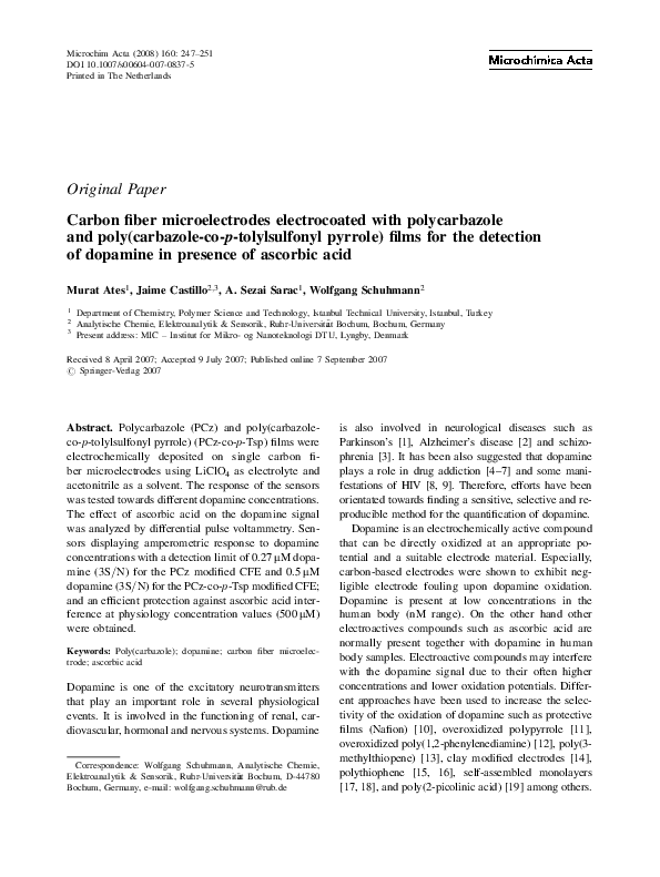 (PDF) Carbon fiber microelectrodes electrocoated with polycarbazole and ...